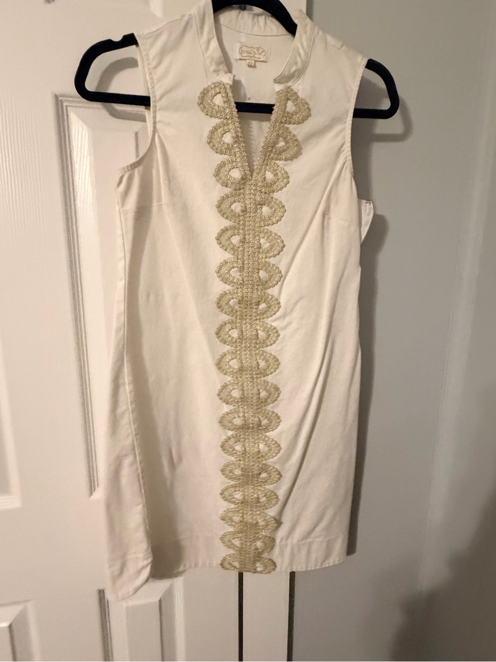 Mud Pie White Sleeveless Shift Dress with Gold Trim